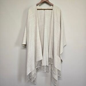 Mer-Sea Poncho Shawl Women One Size Cream Fringe Trim Coastal Boho Wrap